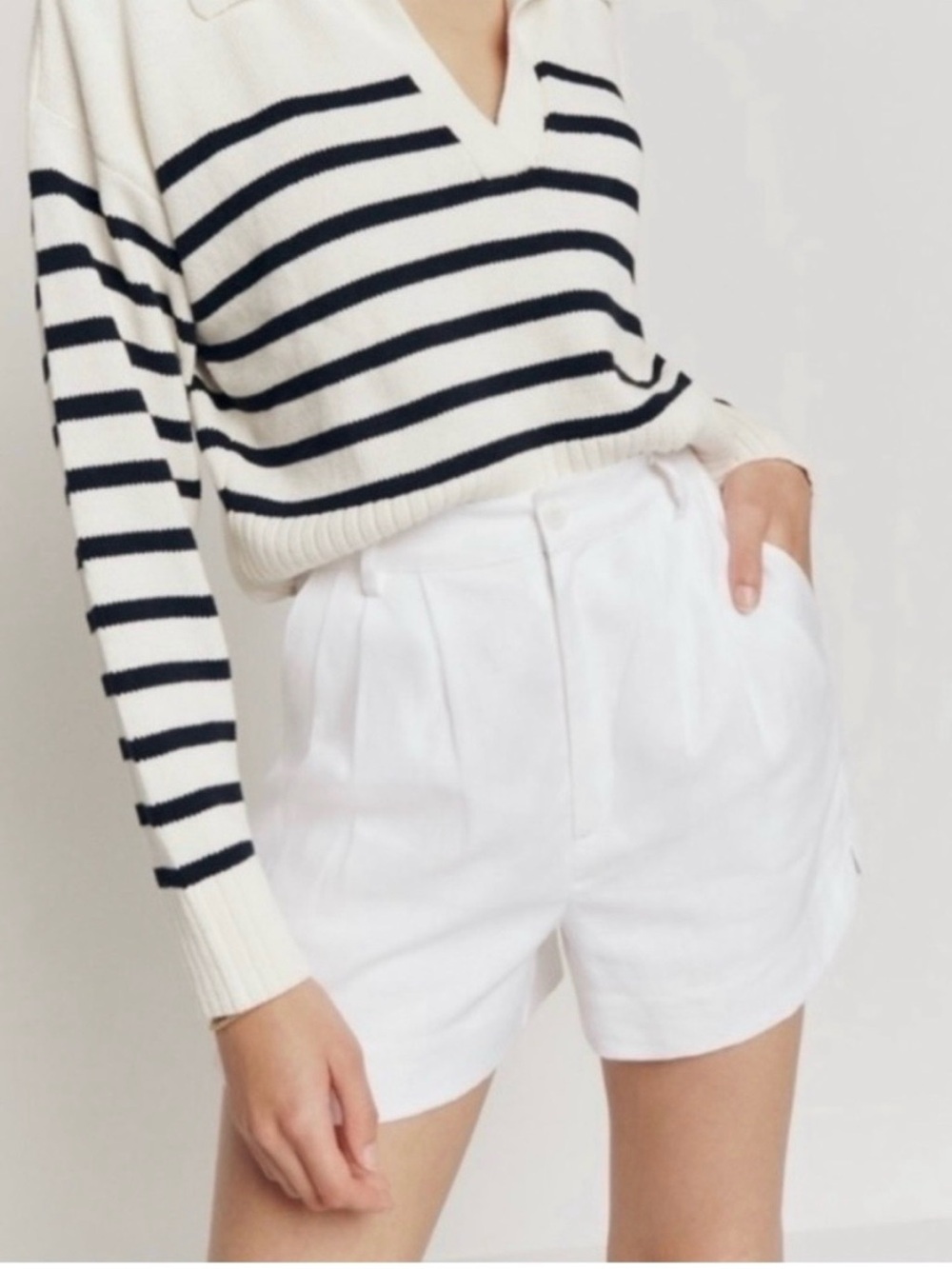 Reformation White Linen High-Waist Pleated Shorts